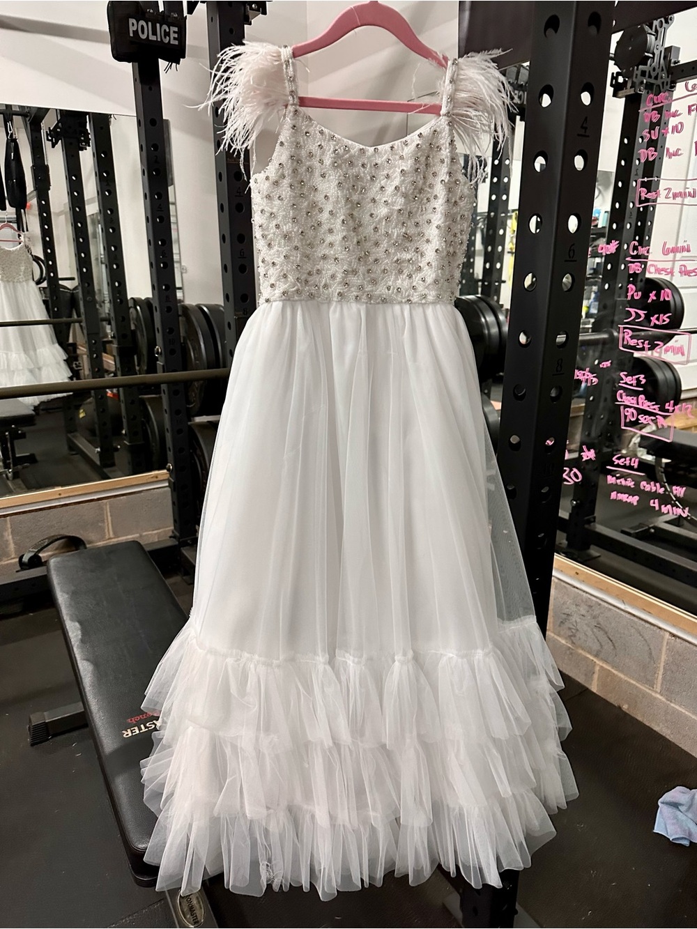 Girls White Beaded Tulle Dress with Feather Straps